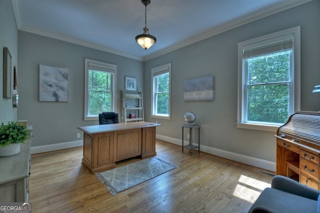 home office with baseboards, ornamental molding, light wood-type flooring, and visible vents