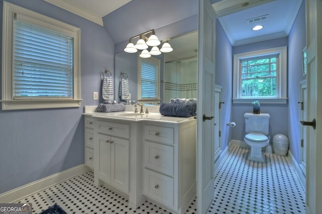 full bathroom with crown molding, vanity, toilet, baseboards, and visible vents