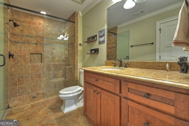 bathroom featuring vanity, ornamental molding, a shower stall, and toilet