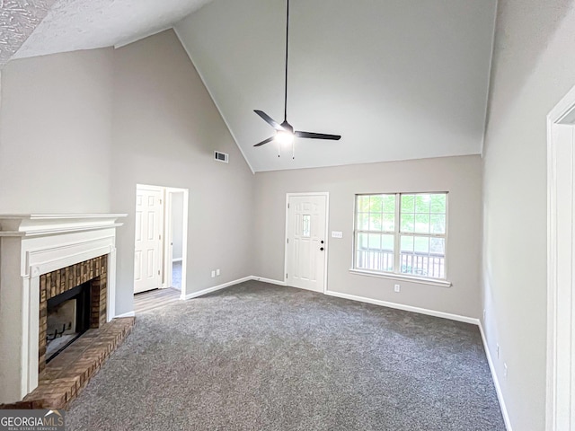 unfurnished living room with visible vents, a fireplace, baseboards, ceiling fan, and carpet flooring