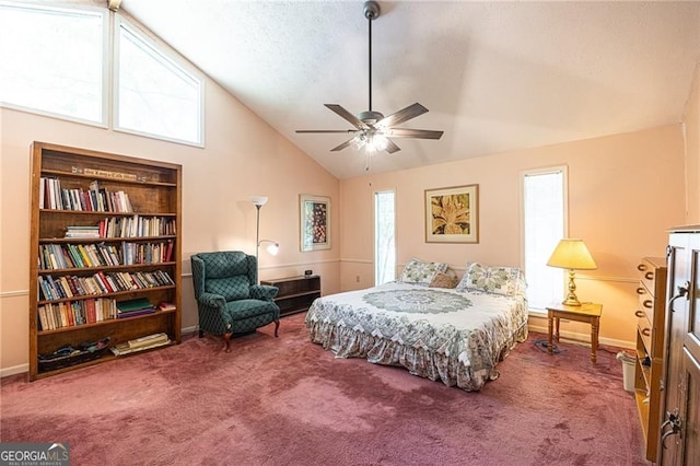 633 Iris Rd, Pine Lake, GA 30072 - carpeted bedroom featuring high vaulted ceiling, a textured ceiling, and a ceiling fan