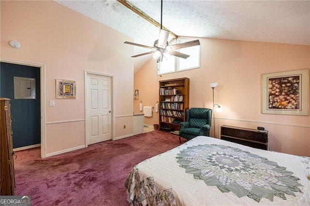 633 Iris Rd, Pine Lake, GA 30072 - carpeted bedroom featuring high vaulted ceiling, a textured ceiling, and ceiling fan
