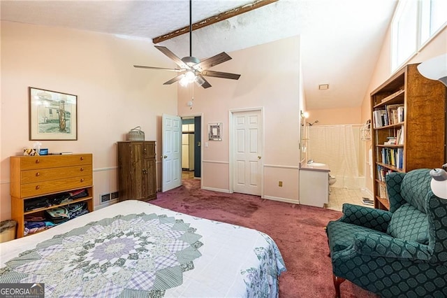 633 Iris Rd, Pine Lake, GA 30072 - carpeted bedroom with high vaulted ceiling, connected bathroom, and a ceiling fan