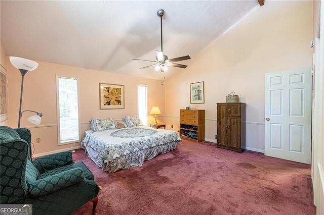 633 Iris Rd, Pine Lake, GA 30072 - bedroom with carpet flooring, multiple windows, high vaulted ceiling, and ceiling fan