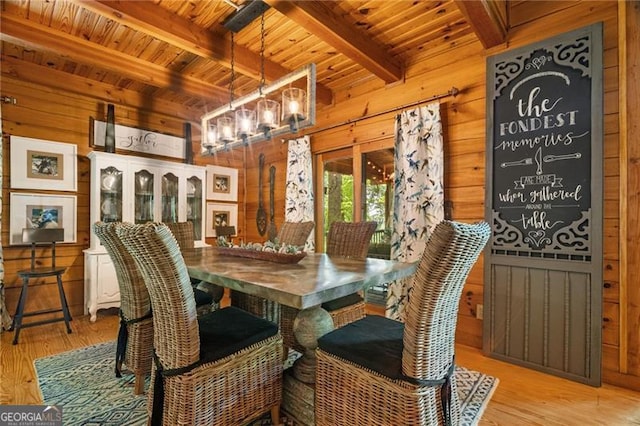 334 Little Pine Mountain Rd, Jasper, GA 30143 - dining space featuring wooden walls, wooden ceiling, light wood-style flooring, and beam ceiling