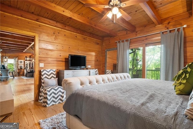 334 Little Pine Mountain Rd, Jasper, GA 30143 - bedroom with a wood stove, beamed ceiling, wooden walls, wood ceiling, and hardwood / wood-style flooring