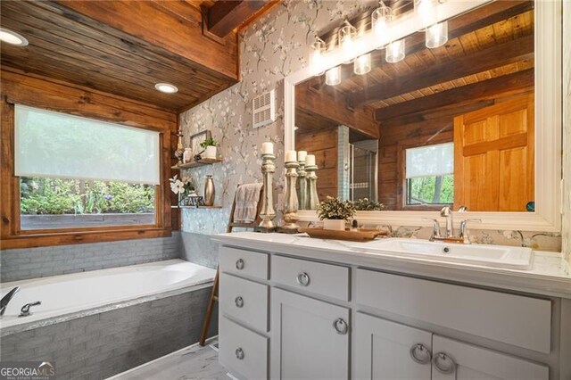 334 Little Pine Mountain Rd, Jasper, GA 30143 - full bath featuring double vanity, a bath, visible vents, a sink, and wooden ceiling