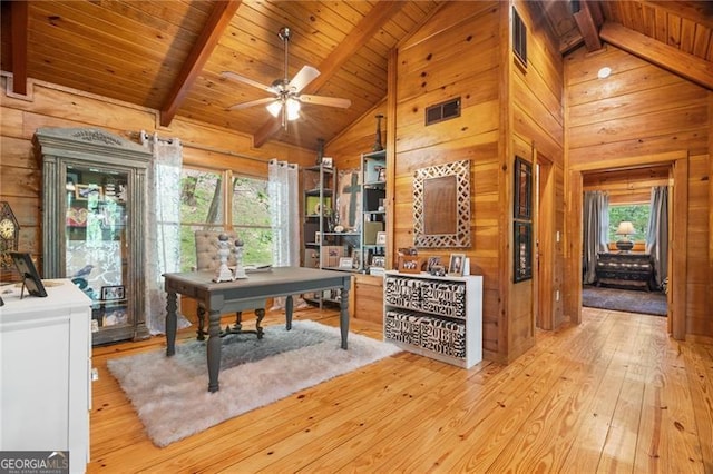 334 Little Pine Mountain Rd, Jasper, GA 30143 - office featuring wood-type flooring, lofted ceiling with beams, wood ceiling, and wooden walls