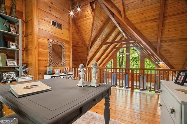 334 Little Pine Mountain Rd, Jasper, GA 30143 - interior space featuring visible vents, wooden walls, vaulted ceiling with beams, wooden ceiling, and hardwood / wood-style flooring