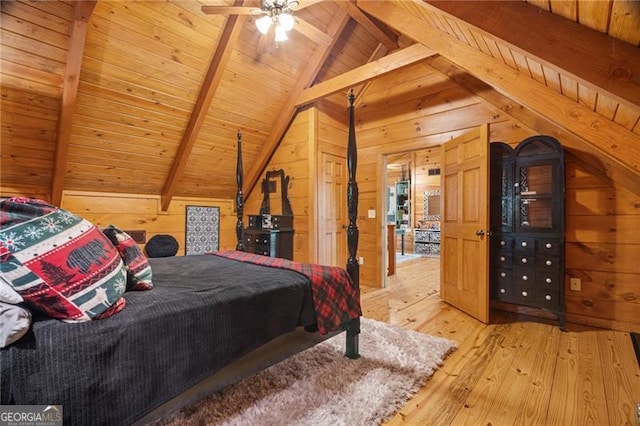 334 Little Pine Mountain Rd, Jasper, GA 30143 - bedroom featuring light wood-style floors, wooden ceiling, vaulted ceiling with beams, and wood walls