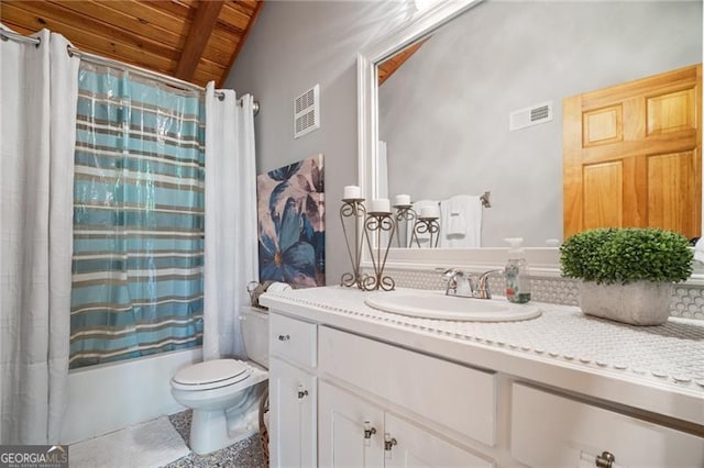 334 Little Pine Mountain Rd, Jasper, GA 30143 - bathroom featuring visible vents, shower / tub combo with curtain, vanity, toilet, and wooden ceiling