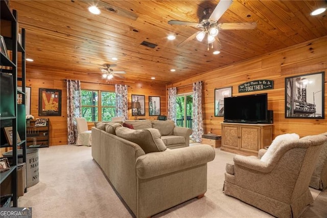 334 Little Pine Mountain Rd, Jasper, GA 30143 - living area with wooden walls, a ceiling fan, recessed lighting, a wealth of natural light, and wood ceiling
