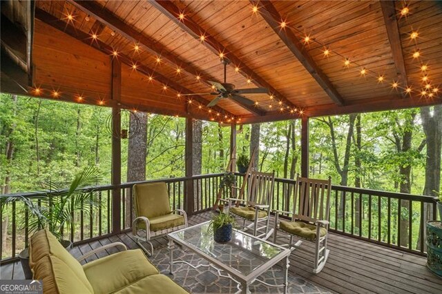 334 Little Pine Mountain Rd, Jasper, GA 30143 - sunroom / solarium featuring ceiling fan, beam ceiling, and outdoor lounge area