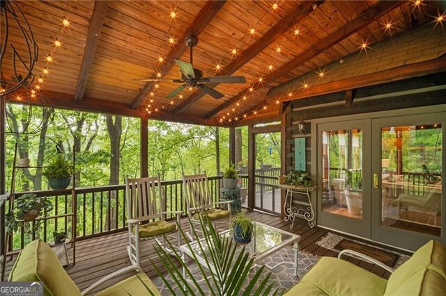 334 Little Pine Mountain Rd, Jasper, GA 30143 - sunroom / solarium featuring a ceiling fan, beamed ceiling, and french doors
