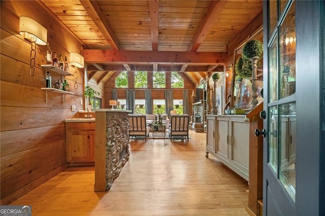 334 Little Pine Mountain Rd, Jasper, GA 30143 - interior space featuring wooden walls, beamed ceiling, and light wood finished floors