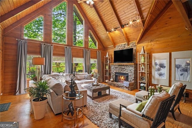 334 Little Pine Mountain Rd, Jasper, GA 30143 - living area with wood ceiling, wood finished floors, wooden walls, and high vaulted ceiling