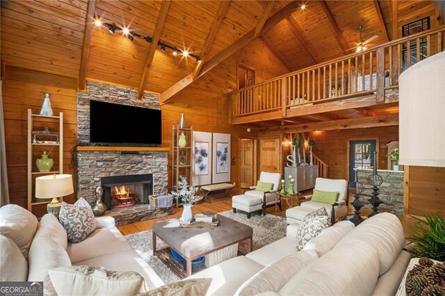 334 Little Pine Mountain Rd, Jasper, GA 30143 - living room with high vaulted ceiling, wood walls, wooden ceiling, and wood finished floors