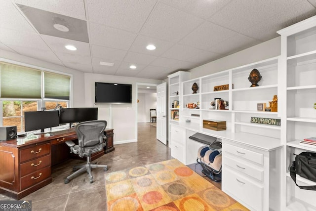office featuring recessed lighting and a drop ceiling