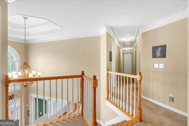 6034 Addington Dr NW, Acworth, GA 30101 - corridor with carpet floors, ornamental molding, and an upstairs landing