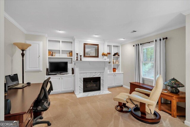 6034 Addington Dr NW, Acworth, GA 30101 - home office featuring visible vents, crown molding, a fireplace, baseboards, and light carpet