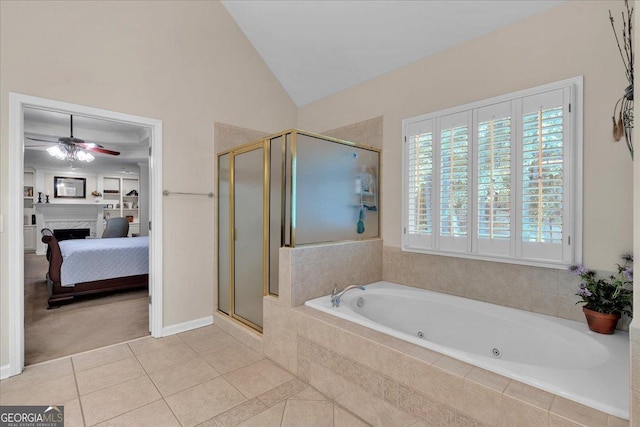 6034 Addington Dr NW, Acworth, GA 30101 - ensuite bathroom with tile patterned floors, a ceiling fan, a tub with jets, ensuite bathroom, and a stall shower