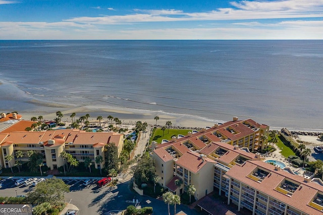 aerial view featuring a beach view and a water view