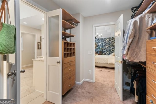 walk in closet with light colored carpet