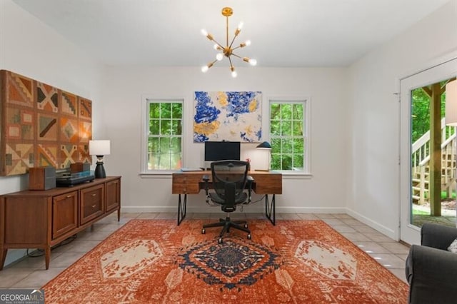 home office featuring light tile patterned floors, a chandelier, and baseboards