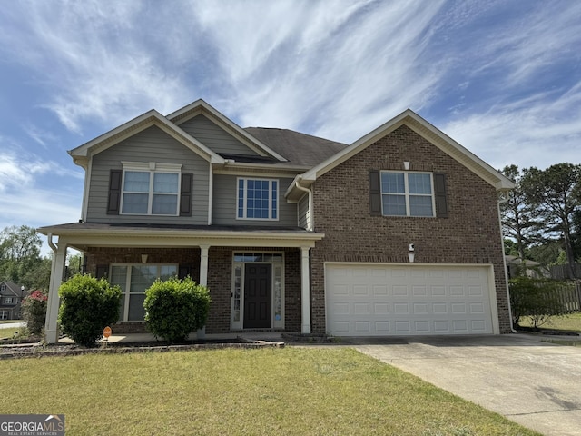 craftsman inspired home featuring brick siding, a garage, a porch, a front yard, and concrete driveway