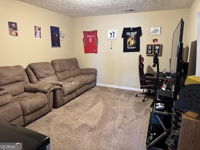 carpeted living room with visible vents, a textured ceiling, and baseboards