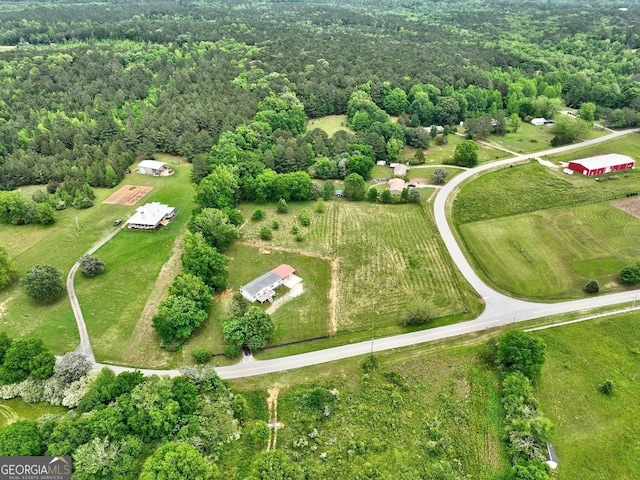 drone / aerial view featuring a rural view and a wooded view