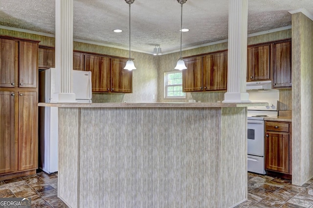 kitchen featuring white range with electric stovetop, under cabinet range hood, ornate columns, and a textured ceiling