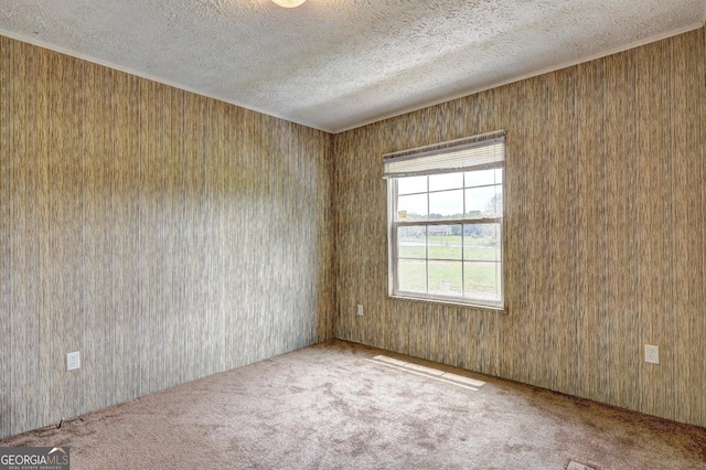 carpeted empty room featuring a textured ceiling and wooden walls