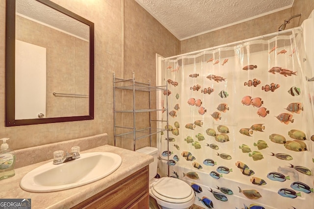 full bath featuring vanity, toilet, a textured ceiling, and shower / tub combo with curtain