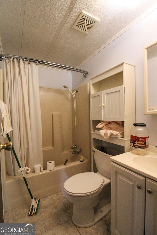 full bathroom with visible vents, shower / tub combo with curtain, vanity, toilet, and tile patterned floors