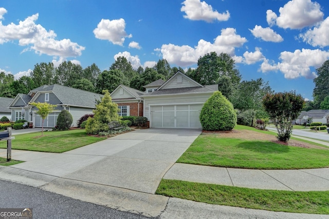 view of front of house with brick siding, an attached garage, driveway, and a front lawn