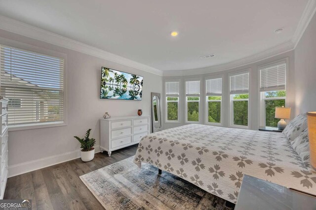bedroom with baseboards, ornamental molding, dark wood-style flooring, and multiple windows