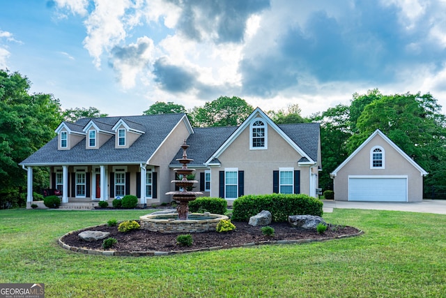 view of front facade featuring stucco siding, a shingled roof, a front lawn, and a garage