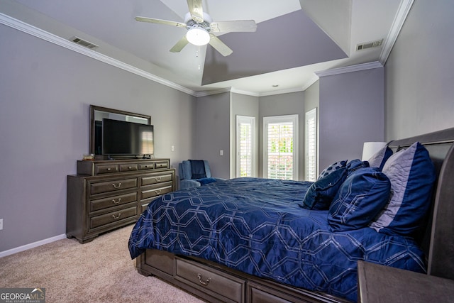 bedroom featuring baseboards, light colored carpet, ornamental molding, and visible vents