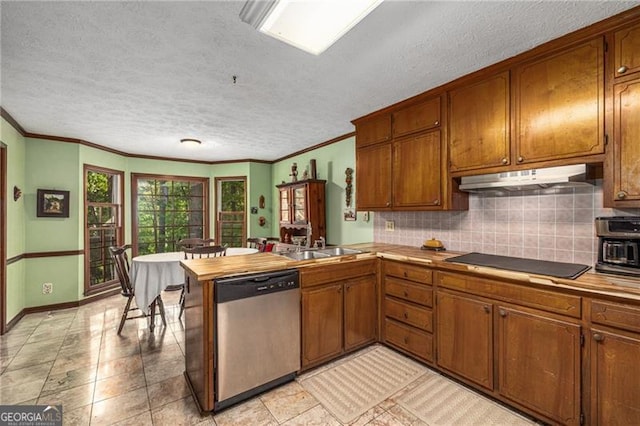 kitchen with under cabinet range hood, brown cabinets, black electric stovetop, and dishwasher