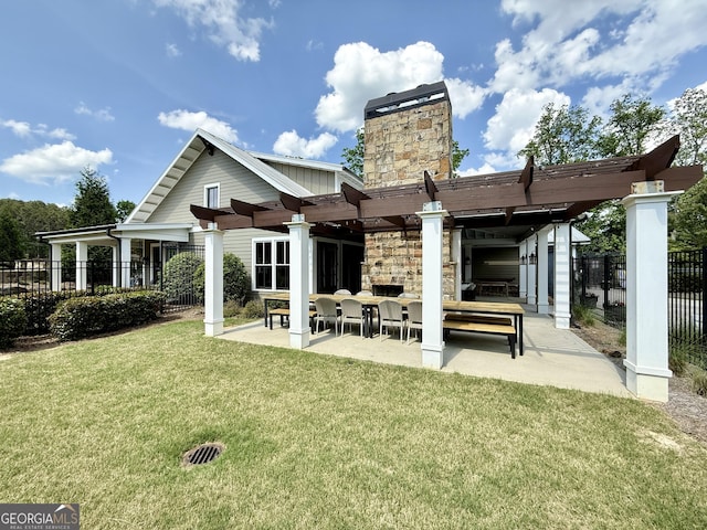 420 Manor Ridge Vw, Alpharetta, GA 30004 - back of property with a pergola, a patio, a chimney, and stone siding