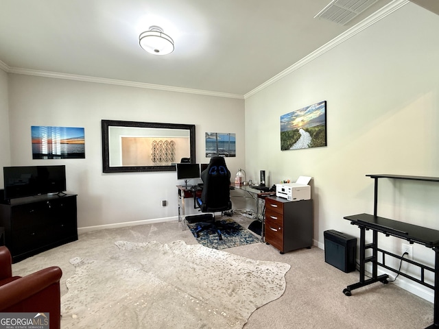 office space featuring baseboards, visible vents, ornamental molding, and carpet