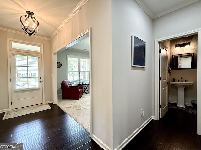 doorway with crown molding and dark wood finished floors
