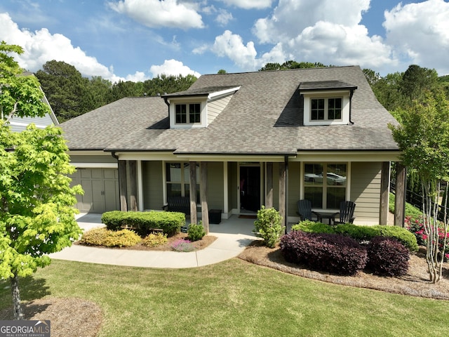 view of front of home featuring an attached garage, a shingled roof, covered porch, and a front yard