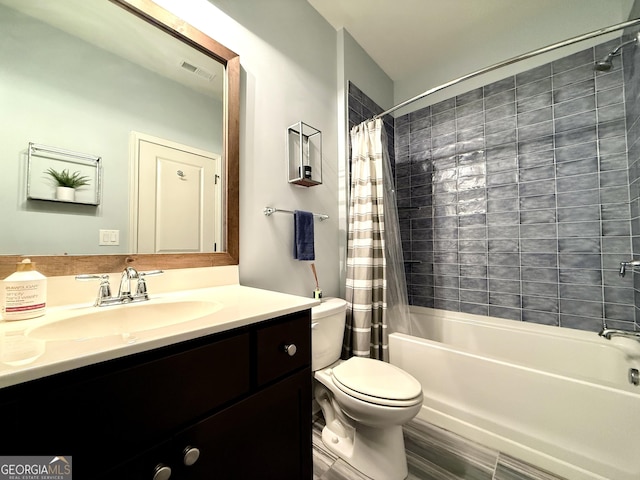 full bathroom featuring toilet, visible vents, shower / bathtub combination with curtain, and vanity