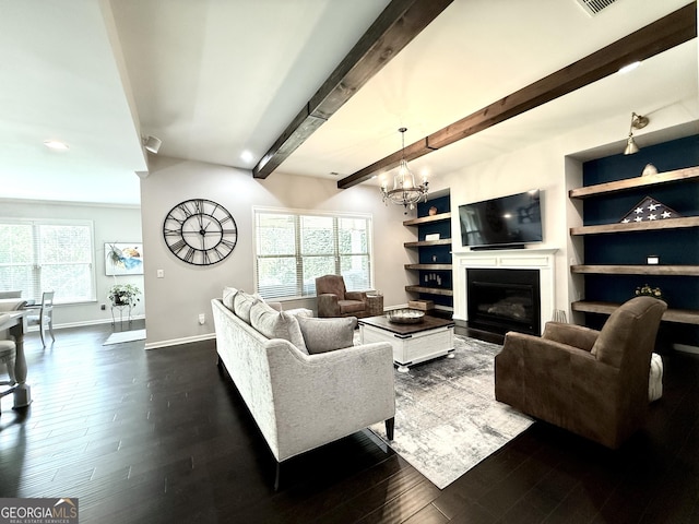 living room featuring beamed ceiling, baseboards, recessed lighting, dark wood-type flooring, and a notable chandelier
