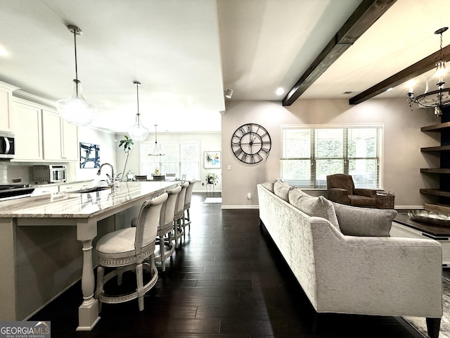 420 Manor Ridge Vw, Alpharetta, GA 30004 - living room with baseboards, dark wood-style floors, beam ceiling, and recessed lighting