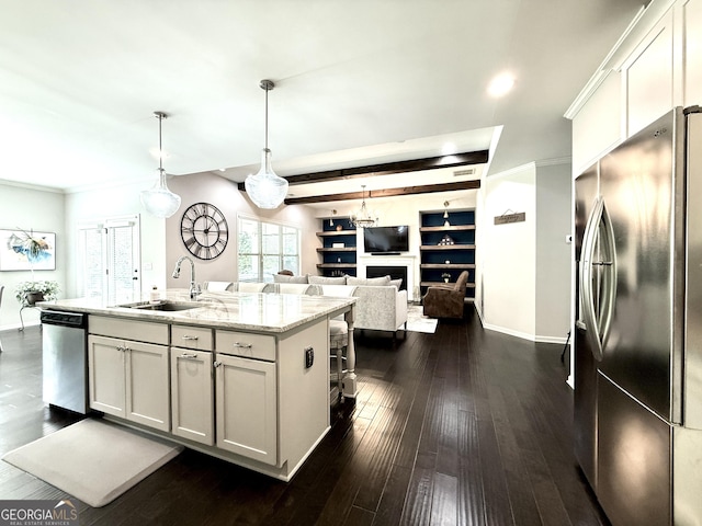 420 Manor Ridge Vw, Alpharetta, GA 30004 - kitchen featuring appliances with stainless steel finishes, a sink, open floor plan, dark wood-style floors, and a kitchen island with sink