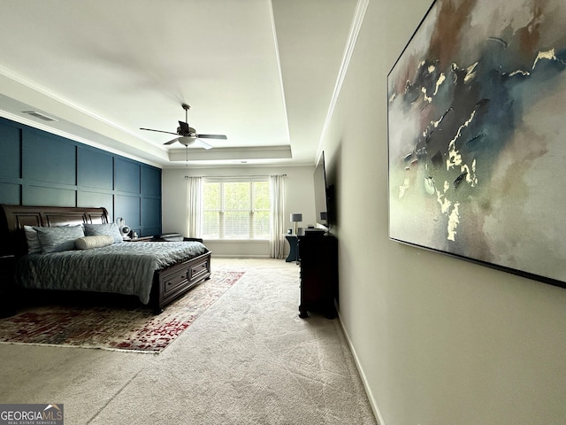 420 Manor Ridge Vw, Alpharetta, GA 30004 - bedroom featuring light colored carpet, a tray ceiling, baseboards, crown molding, and ceiling fan