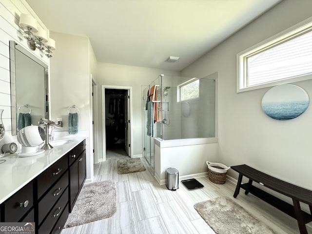 420 Manor Ridge Vw, Alpharetta, GA 30004 - bathroom featuring a shower stall, vanity, and baseboards